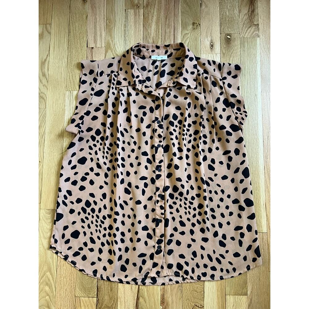 Pleione Tan & Black Dalmation Polka Dot Summer Sheer Blouse Top Pleat (size S)
